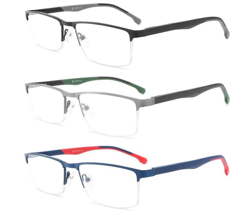 MODFANS 3-Pack Reading Glasses Men (Blue Light Blocking) Metal Frame Rectangle Style Stainless Steel Material Readers Glasses Grey/Dark Green/Red